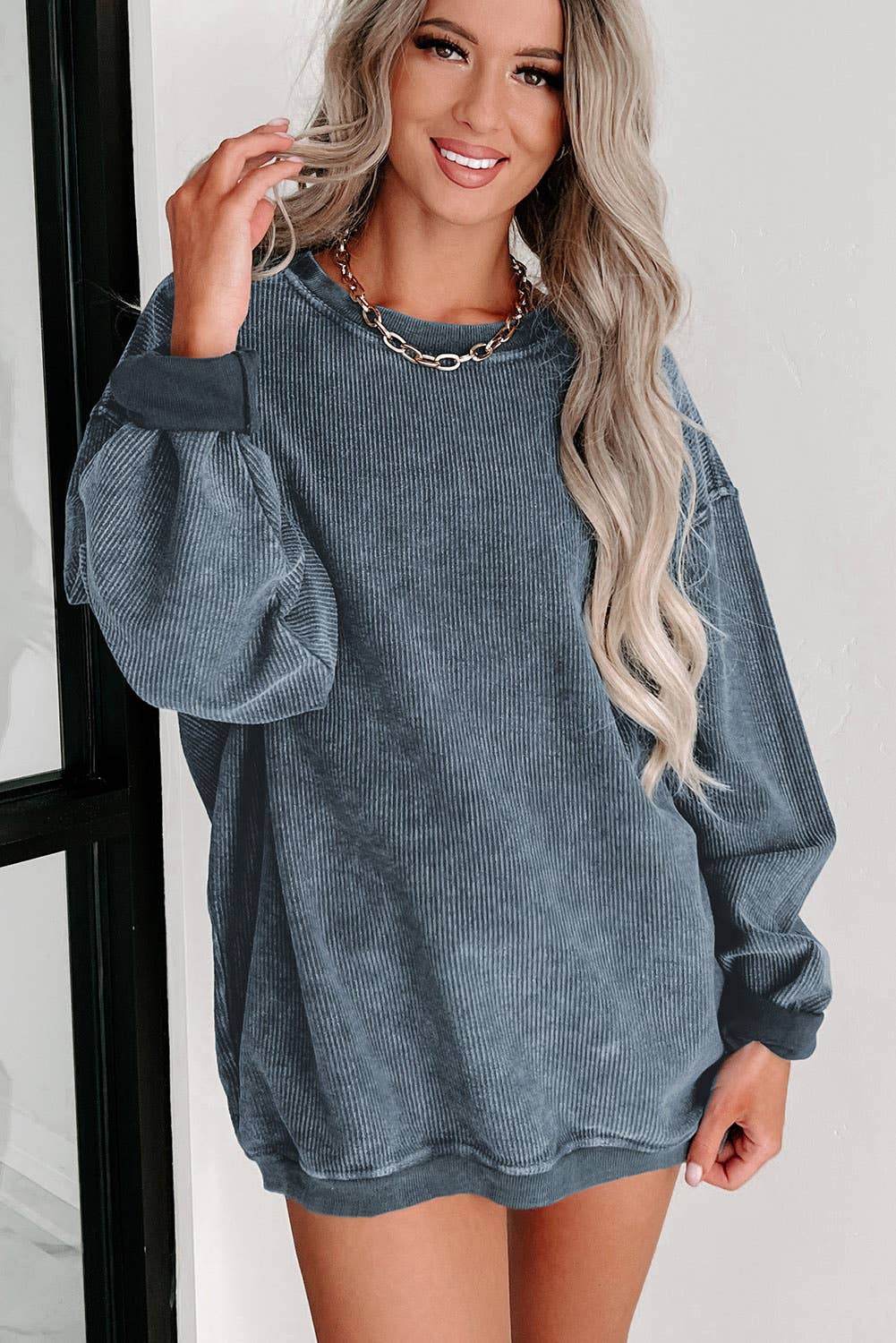 Ribbed Knit Sweatshirt: Blue