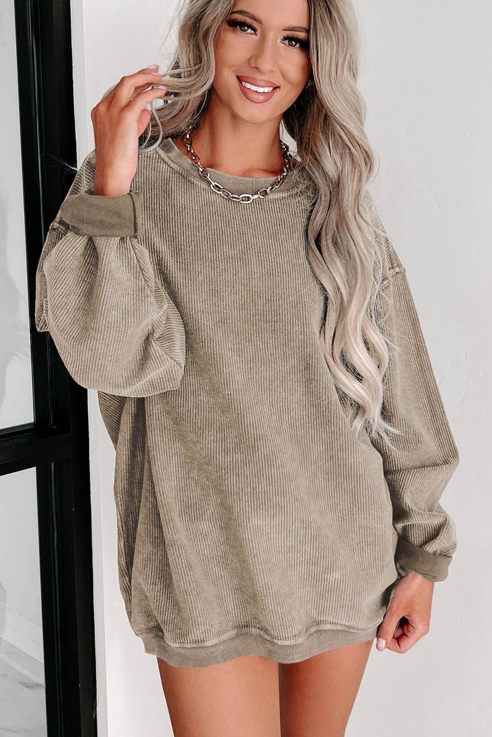 Ribbed Knit Sweatshirt: Khaki
