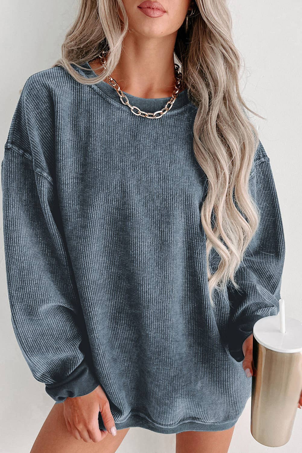 Ribbed Knit Sweatshirt: Blue