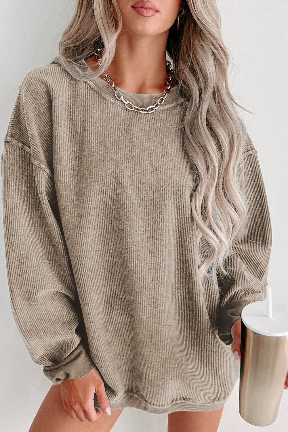 Ribbed Knit Sweatshirt: Khaki